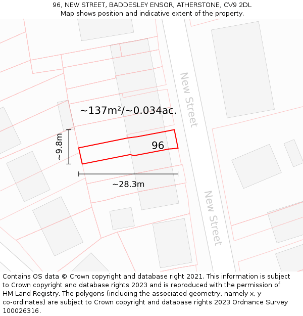 96, NEW STREET, BADDESLEY ENSOR, ATHERSTONE, CV9 2DL: Plot and title map