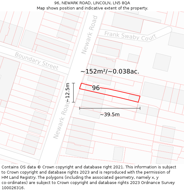 96, NEWARK ROAD, LINCOLN, LN5 8QA: Plot and title map