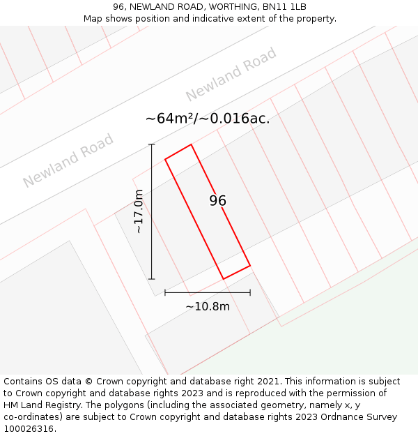96, NEWLAND ROAD, WORTHING, BN11 1LB: Plot and title map