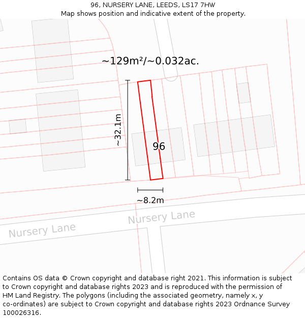 96, NURSERY LANE, LEEDS, LS17 7HW: Plot and title map