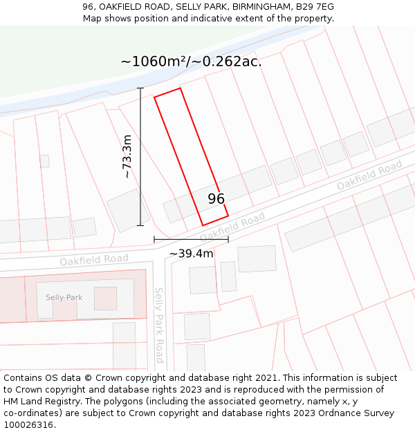 96, OAKFIELD ROAD, SELLY PARK, BIRMINGHAM, B29 7EG: Plot and title map