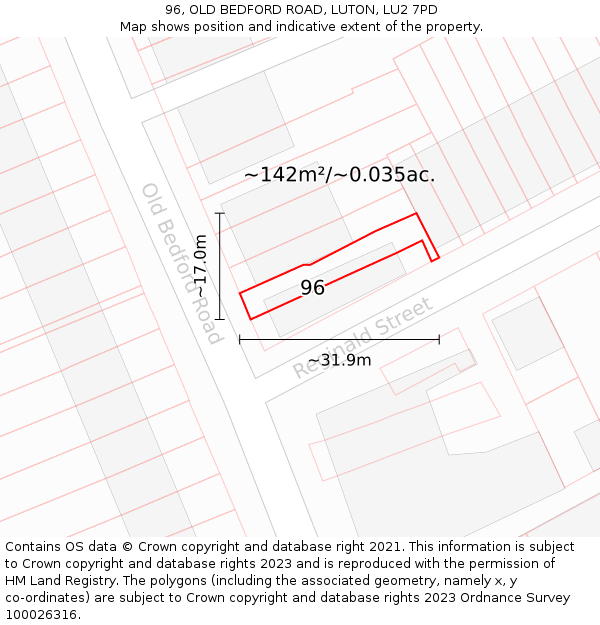 96, OLD BEDFORD ROAD, LUTON, LU2 7PD: Plot and title map