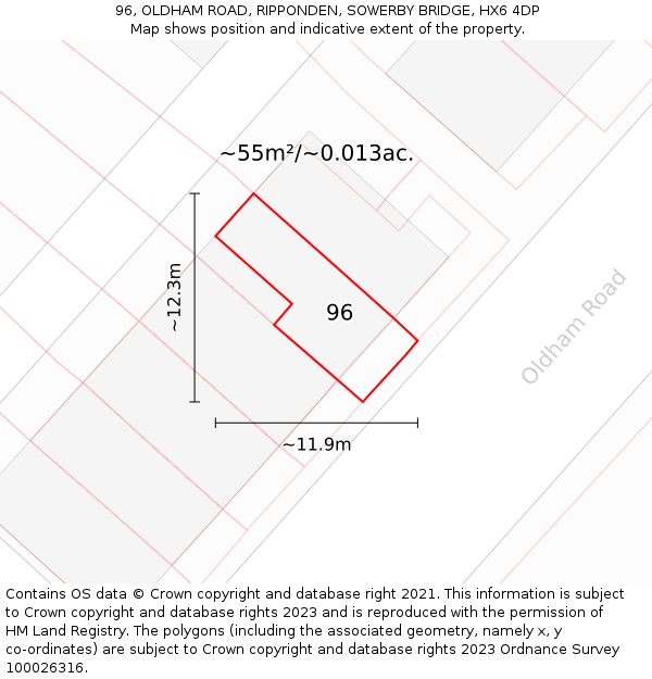 96, OLDHAM ROAD, RIPPONDEN, SOWERBY BRIDGE, HX6 4DP: Plot and title map