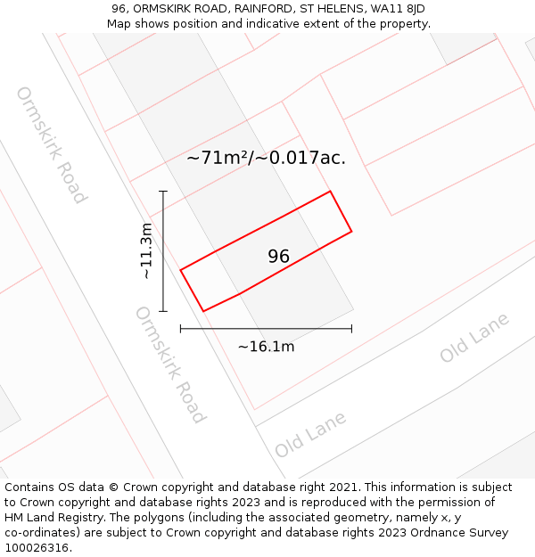 96, ORMSKIRK ROAD, RAINFORD, ST HELENS, WA11 8JD: Plot and title map