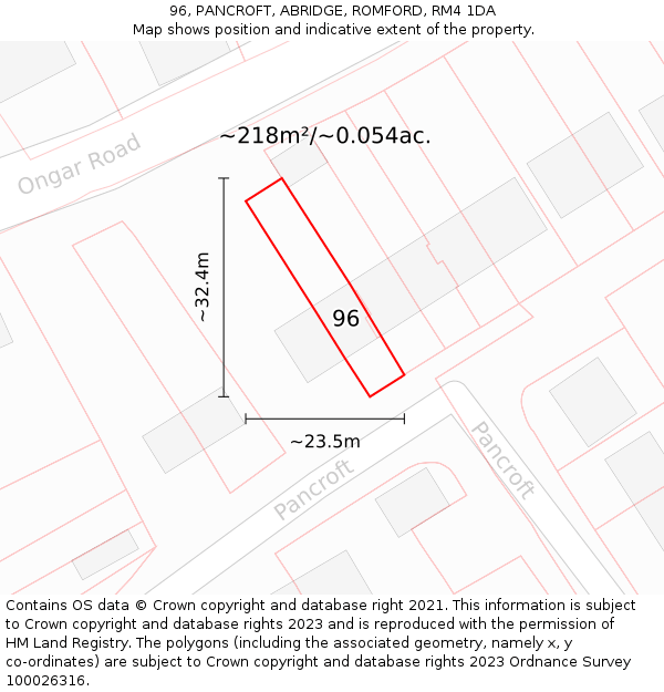 96, PANCROFT, ABRIDGE, ROMFORD, RM4 1DA: Plot and title map