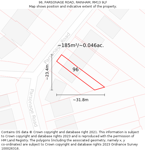 96, PARSONAGE ROAD, RAINHAM, RM13 9LF: Plot and title map