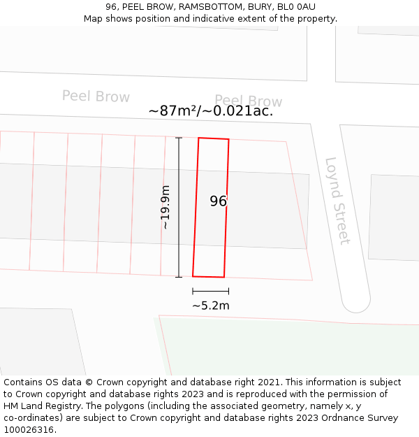 96, PEEL BROW, RAMSBOTTOM, BURY, BL0 0AU: Plot and title map