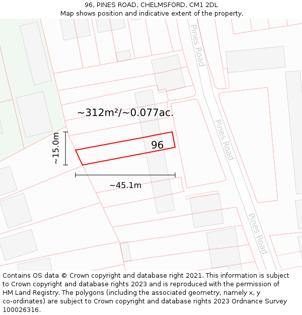 96, PINES ROAD, CHELMSFORD, CM1 2DL: Plot and title map