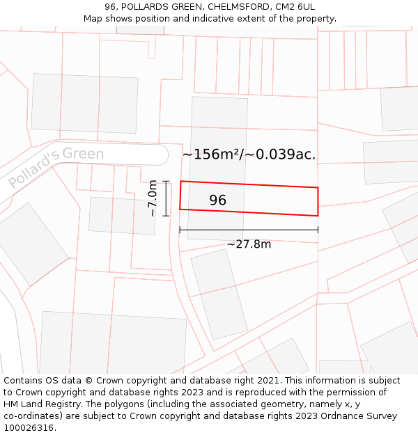 96, POLLARDS GREEN, CHELMSFORD, CM2 6UL: Plot and title map