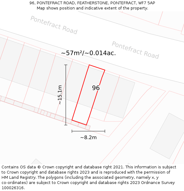 96, PONTEFRACT ROAD, FEATHERSTONE, PONTEFRACT, WF7 5AP: Plot and title map