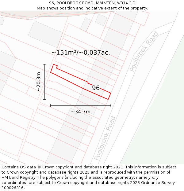 96, POOLBROOK ROAD, MALVERN, WR14 3JD: Plot and title map