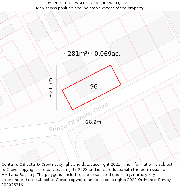 96, PRINCE OF WALES DRIVE, IPSWICH, IP2 9BJ: Plot and title map