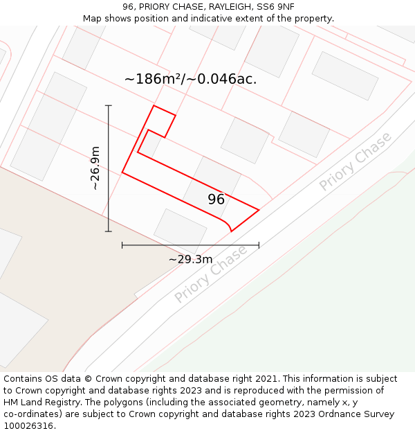 96, PRIORY CHASE, RAYLEIGH, SS6 9NF: Plot and title map