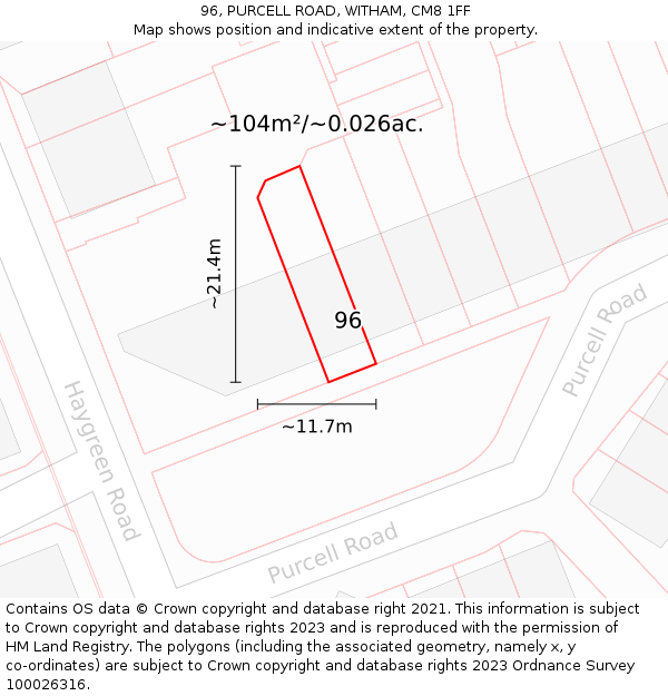 96, PURCELL ROAD, WITHAM, CM8 1FF: Plot and title map
