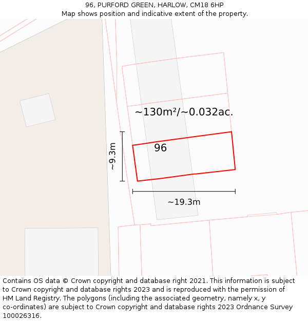 96, PURFORD GREEN, HARLOW, CM18 6HP: Plot and title map