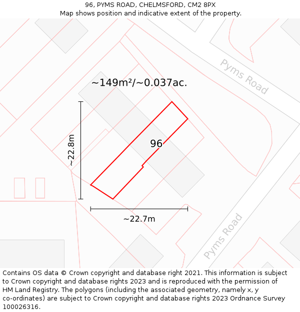 96, PYMS ROAD, CHELMSFORD, CM2 8PX: Plot and title map