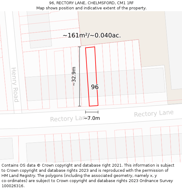 96, RECTORY LANE, CHELMSFORD, CM1 1RF: Plot and title map