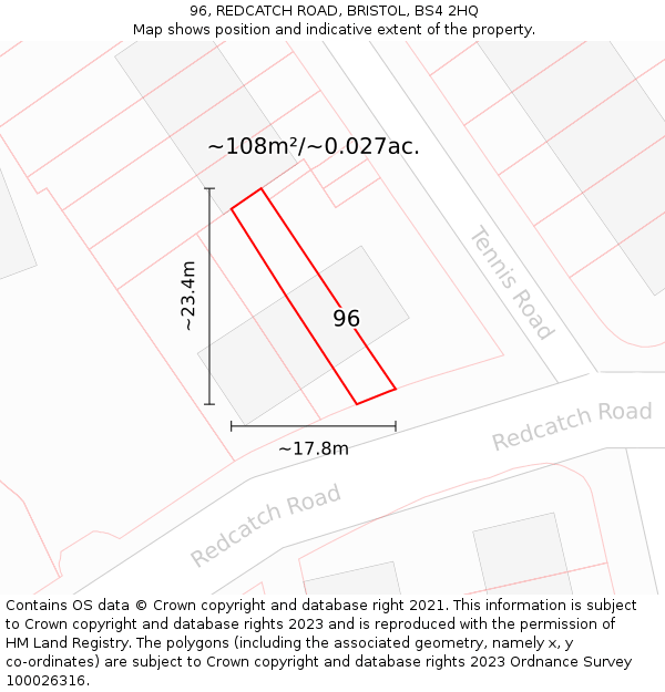 96, REDCATCH ROAD, BRISTOL, BS4 2HQ: Plot and title map