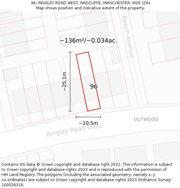 96, RINGLEY ROAD WEST, RADCLIFFE, MANCHESTER, M26 1DN: Plot and title map