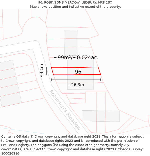 96, ROBINSONS MEADOW, LEDBURY, HR8 1SX: Plot and title map