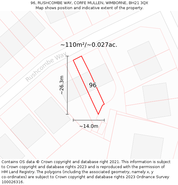 96, RUSHCOMBE WAY, CORFE MULLEN, WIMBORNE, BH21 3QX: Plot and title map