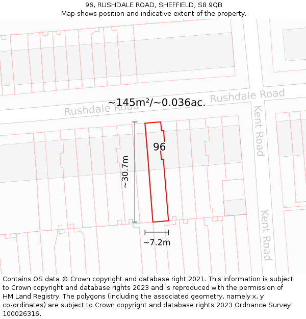 96, RUSHDALE ROAD, SHEFFIELD, S8 9QB: Plot and title map