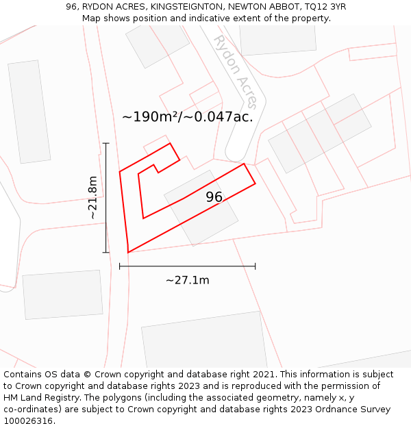 96, RYDON ACRES, KINGSTEIGNTON, NEWTON ABBOT, TQ12 3YR: Plot and title map
