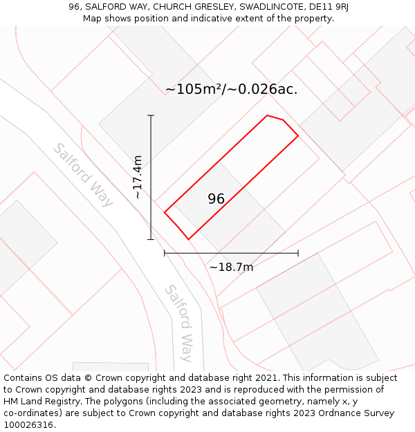 96, SALFORD WAY, CHURCH GRESLEY, SWADLINCOTE, DE11 9RJ: Plot and title map