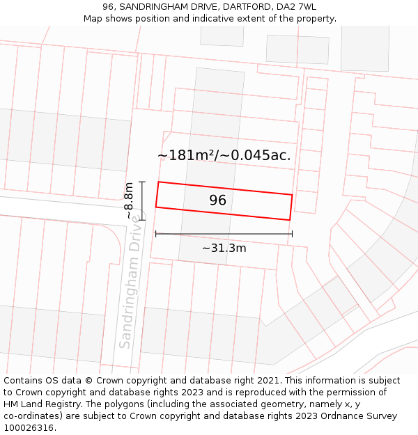 96, SANDRINGHAM DRIVE, DARTFORD, DA2 7WL: Plot and title map