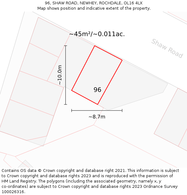 96, SHAW ROAD, NEWHEY, ROCHDALE, OL16 4LX: Plot and title map