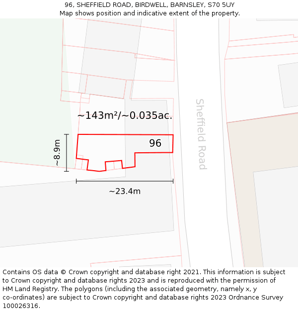 96, SHEFFIELD ROAD, BIRDWELL, BARNSLEY, S70 5UY: Plot and title map