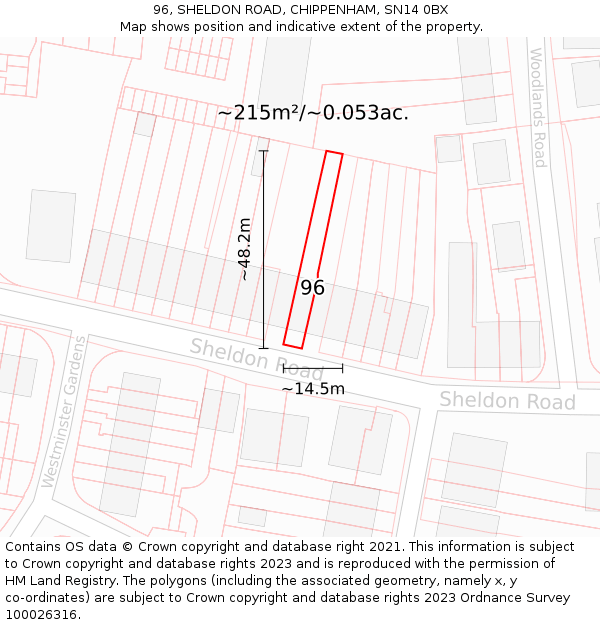 96, SHELDON ROAD, CHIPPENHAM, SN14 0BX: Plot and title map