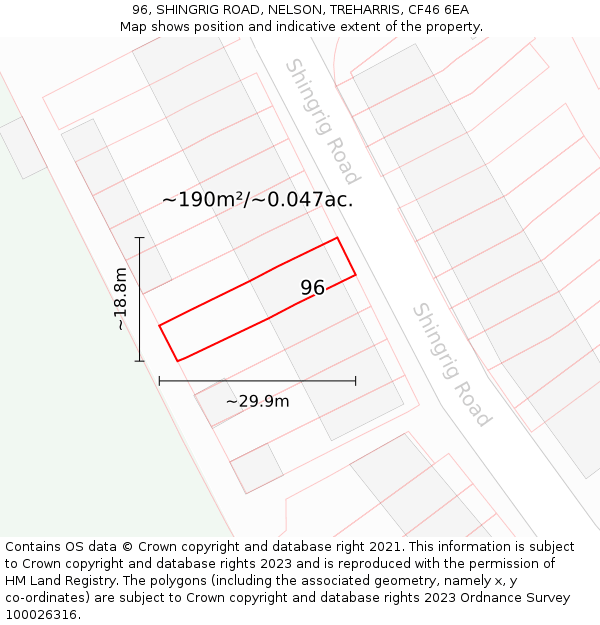96, SHINGRIG ROAD, NELSON, TREHARRIS, CF46 6EA: Plot and title map