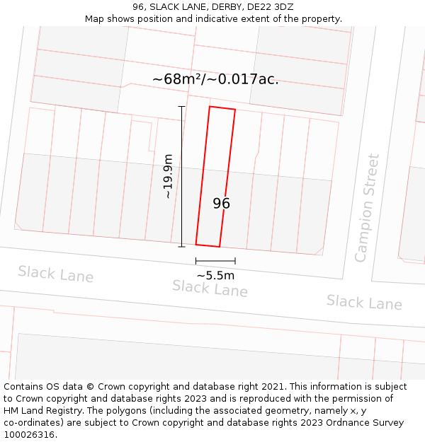 96, SLACK LANE, DERBY, DE22 3DZ: Plot and title map