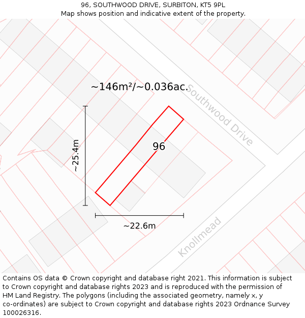 96, SOUTHWOOD DRIVE, SURBITON, KT5 9PL: Plot and title map
