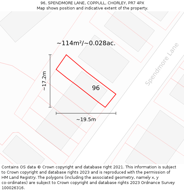 96, SPENDMORE LANE, COPPULL, CHORLEY, PR7 4PX: Plot and title map