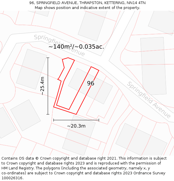96, SPRINGFIELD AVENUE, THRAPSTON, KETTERING, NN14 4TN: Plot and title map
