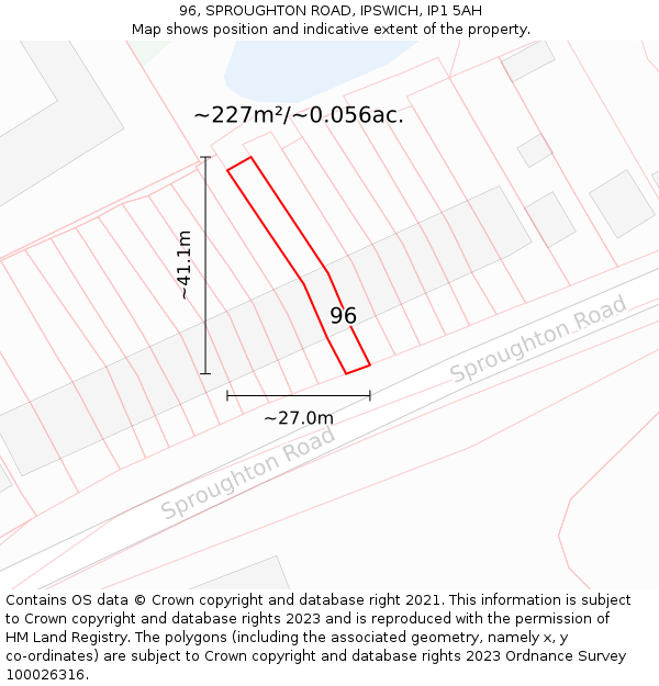 96, SPROUGHTON ROAD, IPSWICH, IP1 5AH: Plot and title map