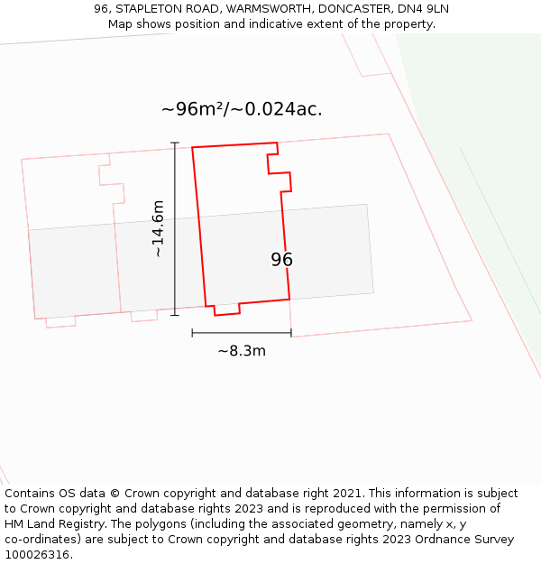 96, STAPLETON ROAD, WARMSWORTH, DONCASTER, DN4 9LN: Plot and title map