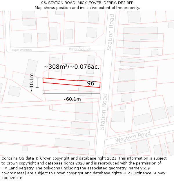 96, STATION ROAD, MICKLEOVER, DERBY, DE3 9FP: Plot and title map