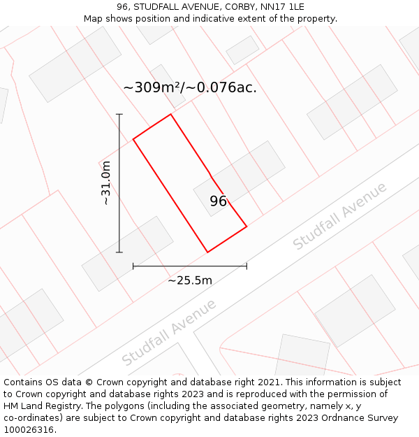 96, STUDFALL AVENUE, CORBY, NN17 1LE: Plot and title map