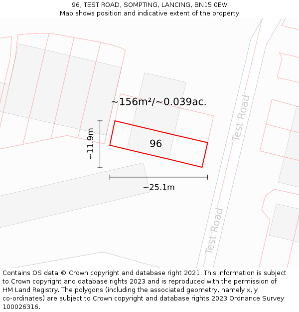 96, TEST ROAD, SOMPTING, LANCING, BN15 0EW: Plot and title map