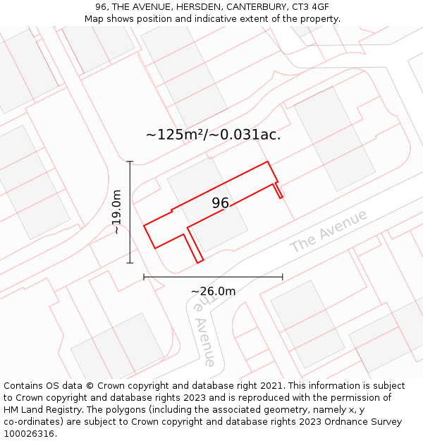 96, THE AVENUE, HERSDEN, CANTERBURY, CT3 4GF: Plot and title map
