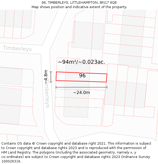 96, TIMBERLEYS, LITTLEHAMPTON, BN17 6QE: Plot and title map