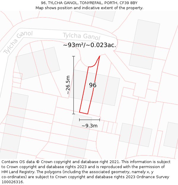 96, TYLCHA GANOL, TONYREFAIL, PORTH, CF39 8BY: Plot and title map