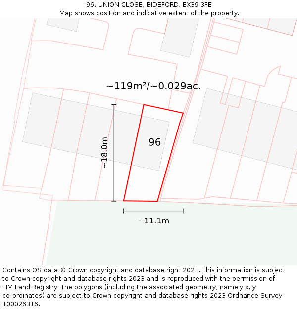 96, UNION CLOSE, BIDEFORD, EX39 3FE: Plot and title map