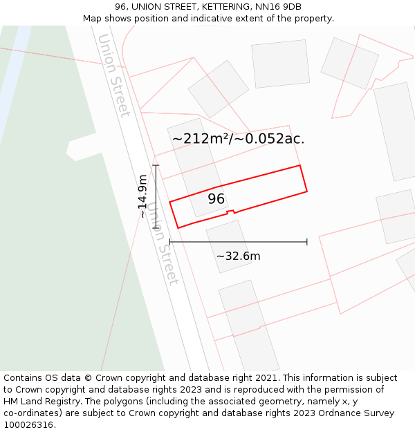96, UNION STREET, KETTERING, NN16 9DB: Plot and title map
