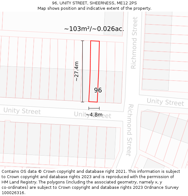 96, UNITY STREET, SHEERNESS, ME12 2PS: Plot and title map