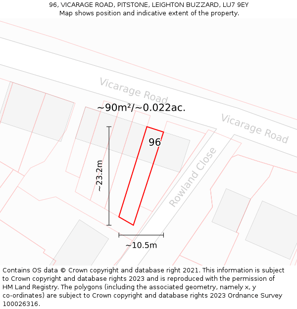 96, VICARAGE ROAD, PITSTONE, LEIGHTON BUZZARD, LU7 9EY: Plot and title map