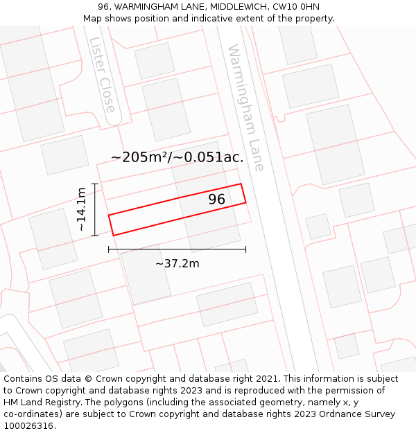 96, WARMINGHAM LANE, MIDDLEWICH, CW10 0HN: Plot and title map